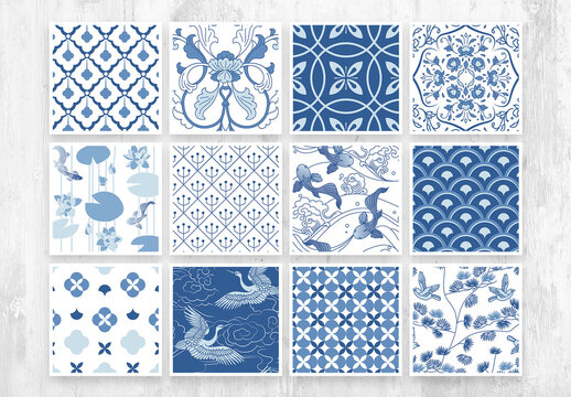 Blue Art Deco Chinoiserie Pattern 