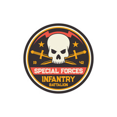 Infantry troop sub-subunit, military chevron, squad with crossed swords and skull isolated. Vector US army mascot with death sign human head skeleton trooper badge. Special forces squad chevron emblem