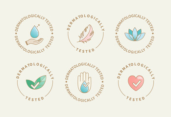 Dermatologically tested icons,label with hand,water drop, leaf and flower.Dermatology test and dermatologist clinically proven logo for allergy free and healthy safe organic cosmetics packaging.Vector