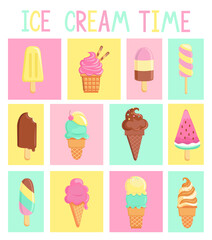 Big set of isolated vintage cards with ice creams.Sweet summer delicacy,sundaes,gelatos with different tasties,ice-cream cones,popsicle with different topping.Vector illustration for web,design,print.