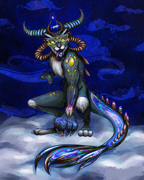 cartoon dragon - a cat on a blue cloud against a background of Chinese clouds