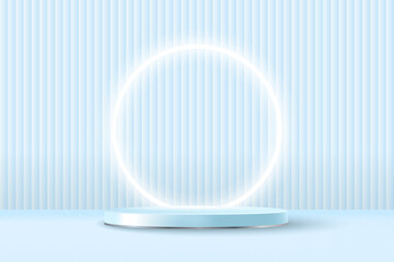 Realistic pastel blue 3d display podium mockup with neon circle on geometric background. Minimal scene with cylinder platform for product show. Vector illustration of pedestal stage for award ceremony