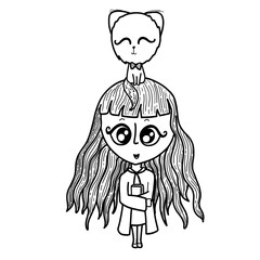 A girl with long hair in school clothes with a cat on her head. Black and white coloring book. Illustration for coloring. High quality illustration