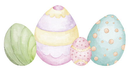 Set of Easter eggs decorated and painted in watercolor. Isolated on white background