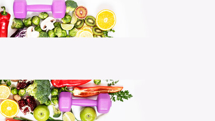 Banner for sports nutrition and healthy food. Vertical flat lay