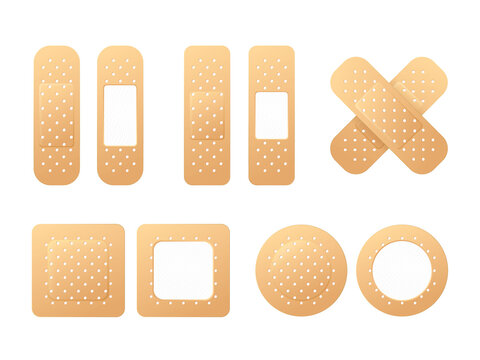 Collection of adhesive bandages, plasters or patches isolated on white background. Vector set aid bandages different forms.