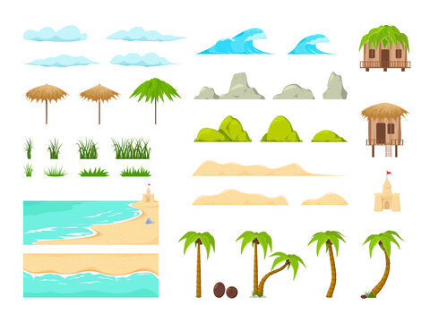 Beach landscape constructor. Beach landscape elements. Nature beach, clouds, hills, mountains trees and palms