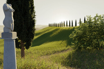 3d rendering of tuscan pillar with female sculpture in front of cypress tree row in evening sunlight