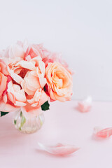 Fresh bunch of pink peonies and roses. Card Concept, pastel colors, close up image