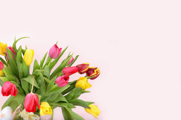 Holiday concept with flowers, spring or summer composition, still life, banner. Greeting card for mothers day, womens day, lovers day, happy birthday, wedding, selective focus,