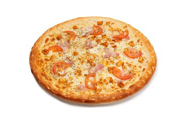 Delicious classic italian Pizza with bacon, tomatoes, sauce and cheese