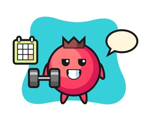 Cranberry mascot cartoon doing fitness with dumbbell