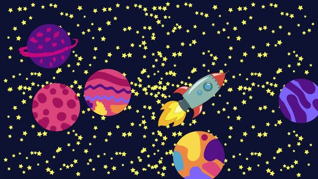 Cartoon Space. Cartoon rocket flies in outer space past the suspended planets, satellites and other objects. Flat loopback animation.