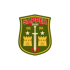 Sapper patch on uniform, combatant soldier military engineering troops squadron isolated emblem with sword and buildings. Vector military division breaching fortifications and towers demolitions