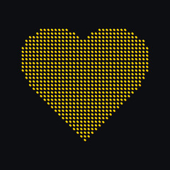Yellow heart made up of dots on a black background. Halftone