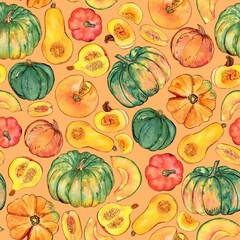 Watercolor and ink pumpkins pattern on orange. Seamless pattern with fresh veggies. Colorfull background for textile, wallpapers, print and banners.