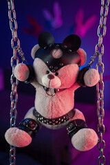 toy bear in a leather belt accessory for BDSM games in the neon room