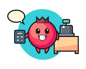 Illustration of cranberry character as a cashier