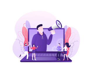 Flat advertising. Social media marketing. Phone icon vector. Flat advertising with people smartphone megaphone.