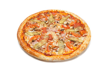 Delicious classic italian Pizza with bacon, tomatoes, cucumbers, mushrooms and cheese