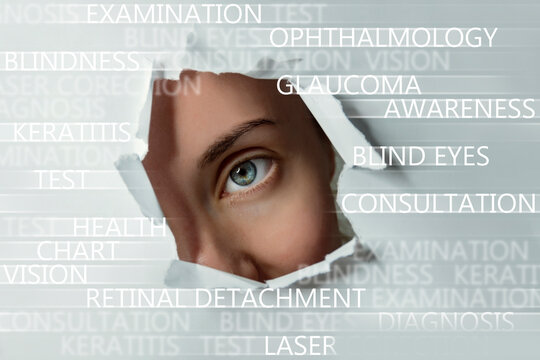 Blue eyed girl looking through ripped paper, conceptual ophthalmology tags blured on background. Template for eye care products design.