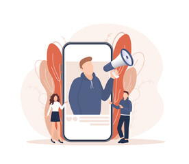 Flat advertising with people smartphone megaphone. Flat advertising. Social media marketing. Phone icon vector.
