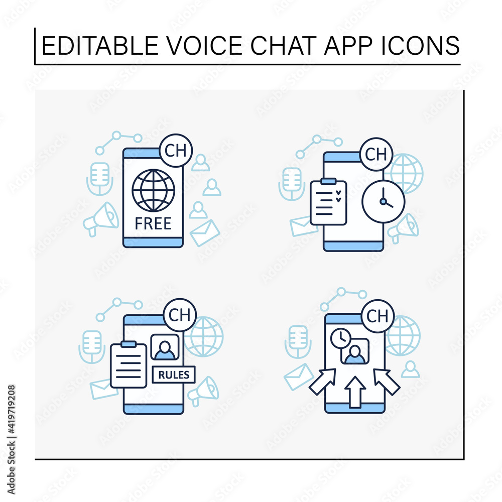 Poster drop in audio app line icons set.communication application with friends.application rules, raped pop