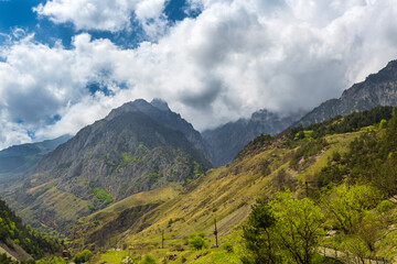 Fototapeta premium Beautiful gorge in the Republic of North Ossetia-Alania, Russia. Mountain valley in the Caucasus. Slopes covered with green forest. Scenic summer sunny landscape