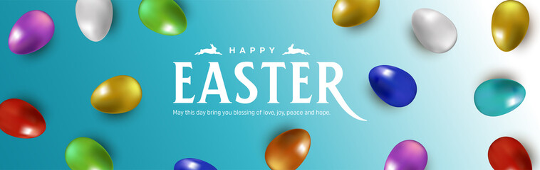 Happy Easter banner. Trendy Easter design with typography, bunny form with eggs on effective background. Modern minimal style. Horizontal poster, greeting card, header for website.