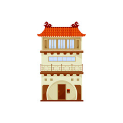 Traditional China town building isolated ancient asian architecture structure. Vector Chinese building with dragons on roof, facade exterior design, house with entrance door and windows, home