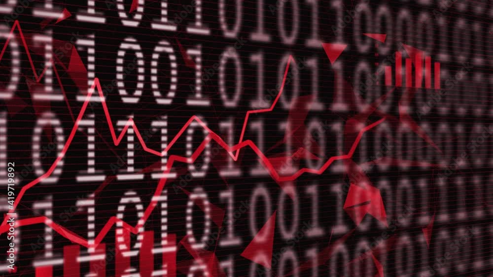 Poster red recession business graphs with binary data chart background. red stockline animation.