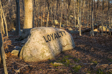 USA, Massachusetts, Cape Ann, Gloucester. Dogtown Rocks, inspirational saying carved on boulders in...