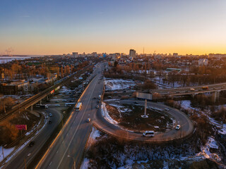 Evening Voronezh cityscape. Transport junction, aerial view