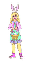 Easter cartoon girl character holding basket with toy rabbit and painted eggs isolated on white. Blonde woman wearing bunny ears, yellow tights, pink jacket, floral print dress and pink shoes.