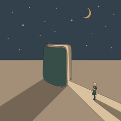 Concept: book is source of knowledge.Half-open book from which ray of light fall in which tiny girl stand ready to immerse herself in reading.On background of a starry sky with month.Hand drawn vector
