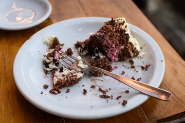 Restos de pastel de chocolate en el plato