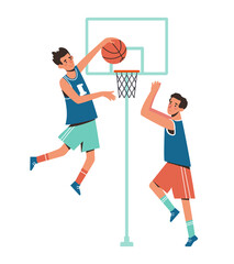 Men are playing basketball. Flat design concept with guys who go in for sports playing ball. Vector illustrations of athletes on a white background.