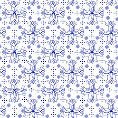 Seamless pattern with different ornamental shapes of blue color on a white background. Suitable as a texture for fabric, rugs wallpapers, web and other users. 