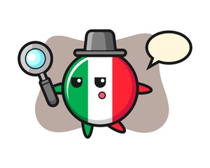 Italy flag badge cartoon character searching with a magnifying glass