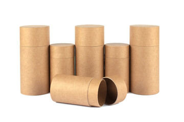 Group of different recyclable paper tubes, cardboard containers with paper caps for cosmetic or other packaging isolated on white background, mockup. Eco-friendly packaging concept, selective focus
