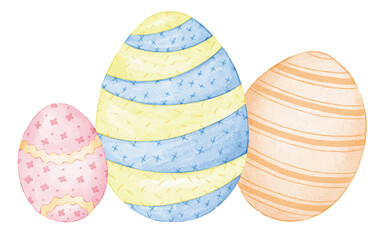 Set of Easter eggs decorated and painted in watercolor. Isolated on white background