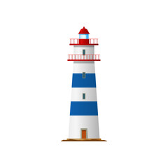 Tower with beacon light on top isolated retro building. Vector lighthouse, marine navigation symbol, beacon building with guide beam of searchlight. Marine navigational tower with balustrade fence