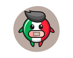 Cartoon illustration of italy flag badge with tape on mouth