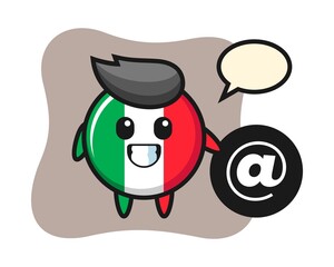 Cartoon illustration of italy flag badge standing beside the At symbol