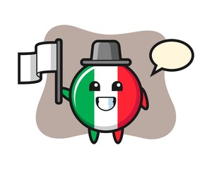 Cartoon illustration of italy flag badge holding a flag
