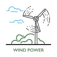 Wind power. Wind turbine with greens and clouds. Free energy concept vector illustration.