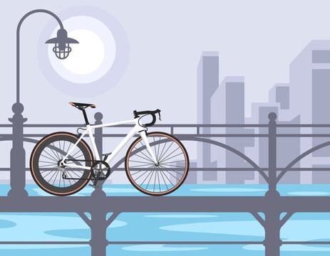 Morning cityscape with a bridge and a bicycle against the backdrop of a big city and the sea bay. Vector illustration