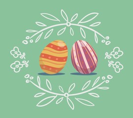 Painted eggs with hand-painted flower and flowering branch symbols on a light green background. Flat style vector illustration.