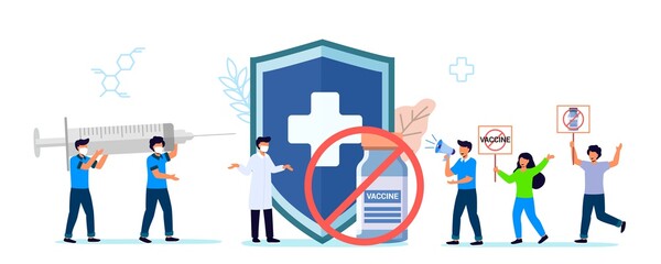 Anti vaccination protest Flat vector illustration Vaccine refusal Mandatory immunization Vaccination hesitancy No vax concept Patients with doctor and nurse insisting on need for preventive medicine