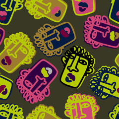 Vector seamless pattern illustration design of abstract lined surreal faces